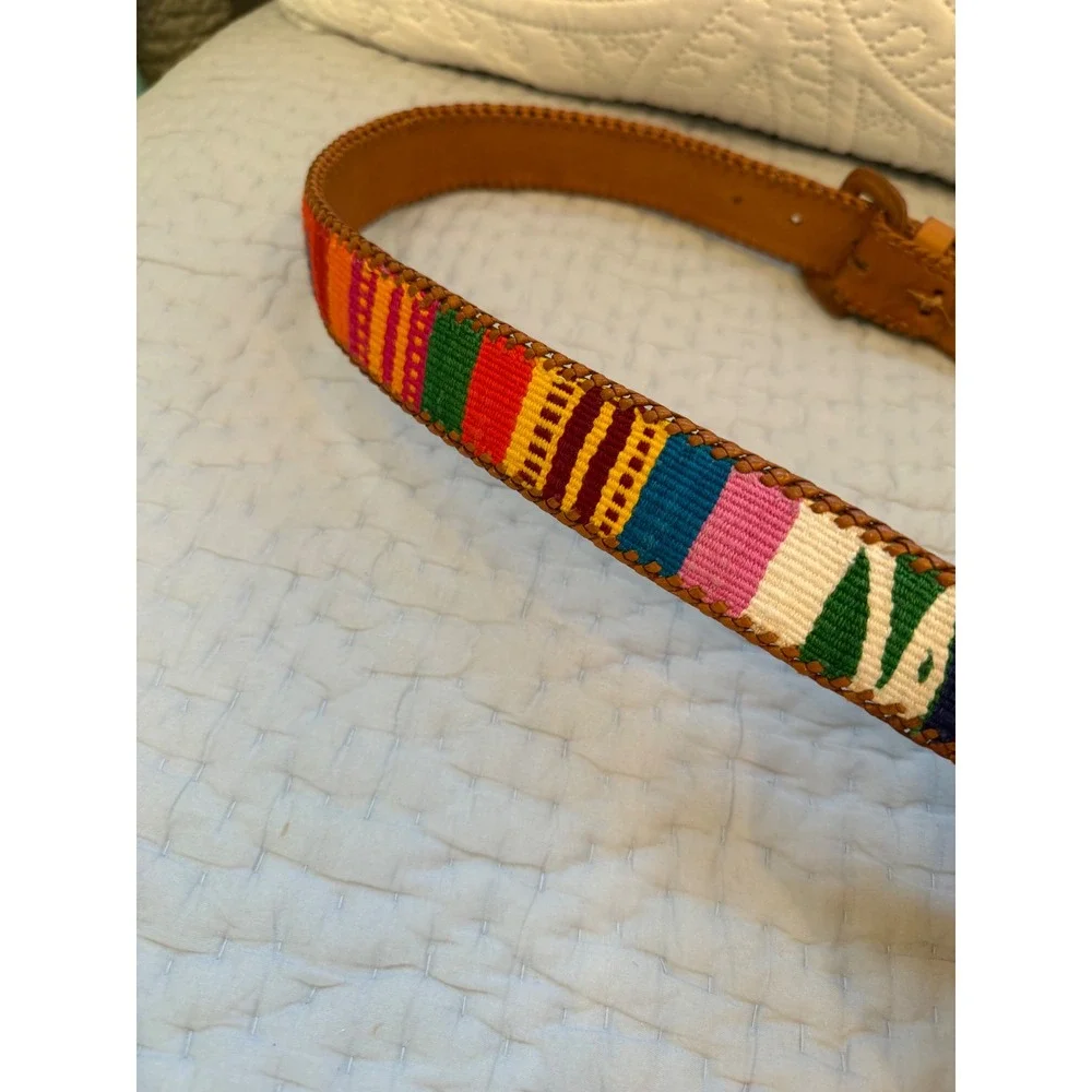 Artesania Leather Belt Woven Colorful Textile Whipstitch Boho Tan Size 38